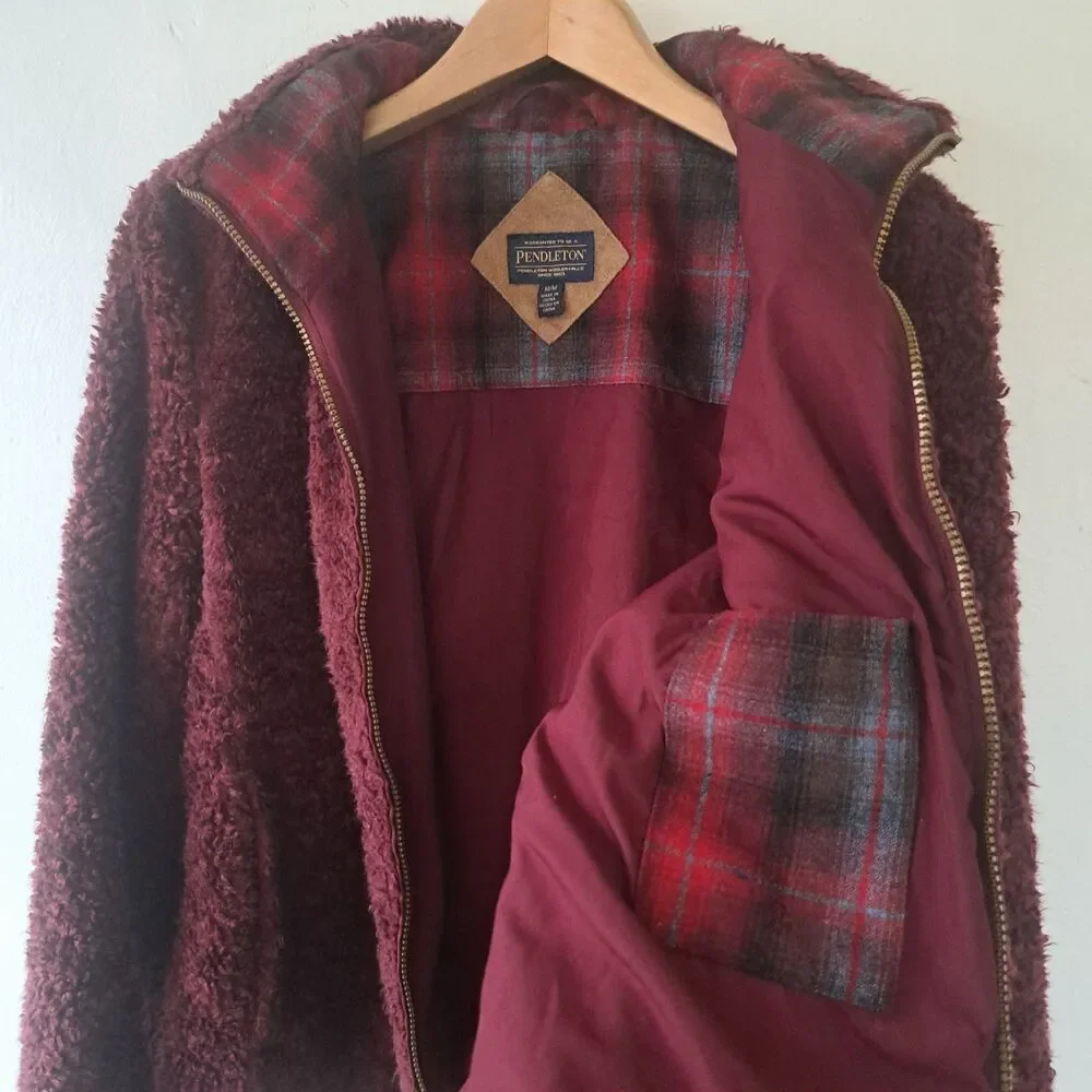 Pendleton Deep Pile Sherpa Burgundy Red Full Zip Plaid Women’s Medium Jacket - Picture 3 of 9